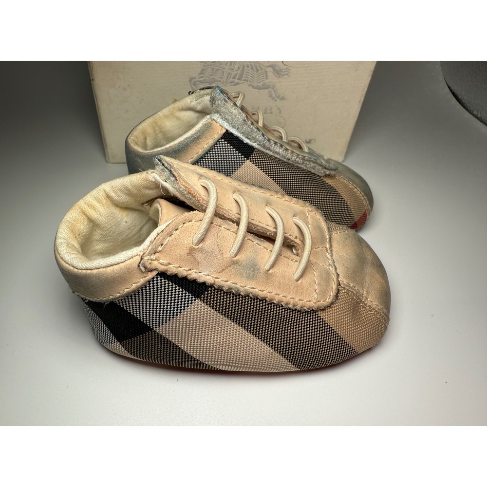 Burberry Crib Shoes Kids Size 17 EU us 2 Beige Fair Classic Check Leather Canvas